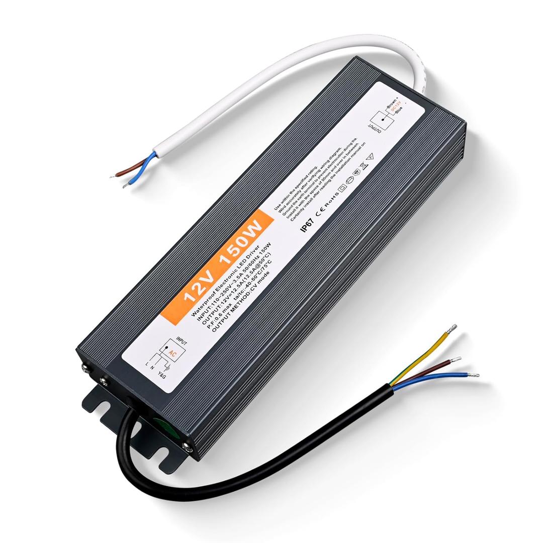 Waterproof IP67 LED Power Supply Low Voltage Transformer Adapter 12V 150W LED Driver Lighting Transformer Converter for LED Strip, LED Display and Outdoor Lighting