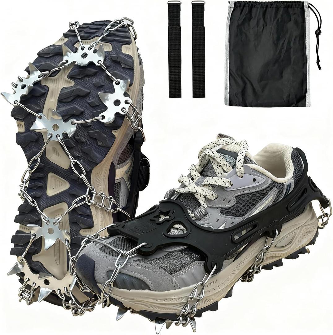 Ice Cleats for Shoes and Boots, 19 Stainless Steel Spikes Crampons, Anti-Slip Snow Shoes Microspikes for Hiking, Climbing Gear, Ice Fishing Gear, Boot Chains for Winter Walking (Medium, Black)