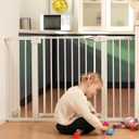 Babelio Metal Baby Gate, 29-43" Auto Close Easy Install Pet Gate PressGuard P7, Extra Wide Walk Thru Child Safety Gate, 30" Tall Pressure Mounted Dog Gate for Doorways & Stairs, White