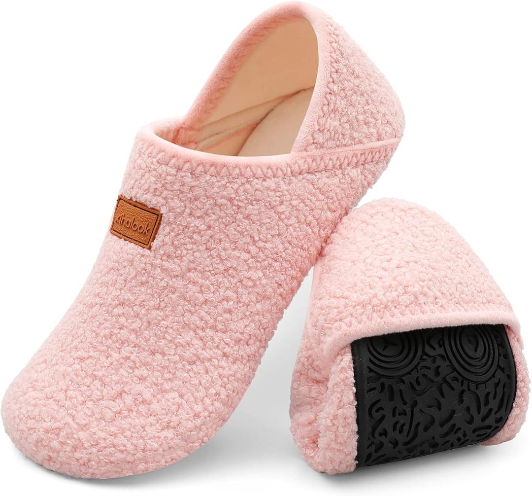 XIHALOOK House Slippers for Women Men Cozy Sock Shoes with Soft Rubber Sole Slip On for Indoor/Outdoor (9.5-10 Women/8-8.5 Men, 1 Pink)