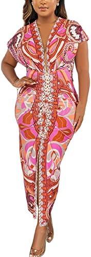 Doweha Maxi Summer Dresses for Women 2024 Casual Boho Beach Hawaiian Floral Print V Neck Short Sleeve Sun Long Dress, Size Medium 
