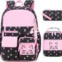 Girls Backpack, Cute Cat School Backpacks for Girls with Insulated Lunch Box Pen Case Set, Kids Backpack Kindergarten Elementary Middle School Book Bag for Teen Girl Children Students (Black Pink)