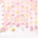 Sinload 8 Pieces Floral Princess Party Decorations Princess Theme Garland Banners Pink Gold Castle Crown Carriage Paper Cutouts for Birthday Baby Shower Favors Classroom Supplies