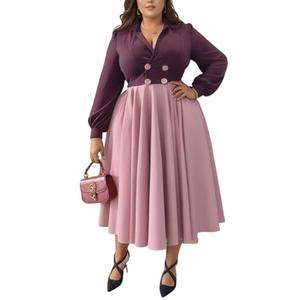 Women Long Sleeve Dress Casual A Line Maxi Dresses Plus Size Women Wedding Guest Dress Purple Pink, L