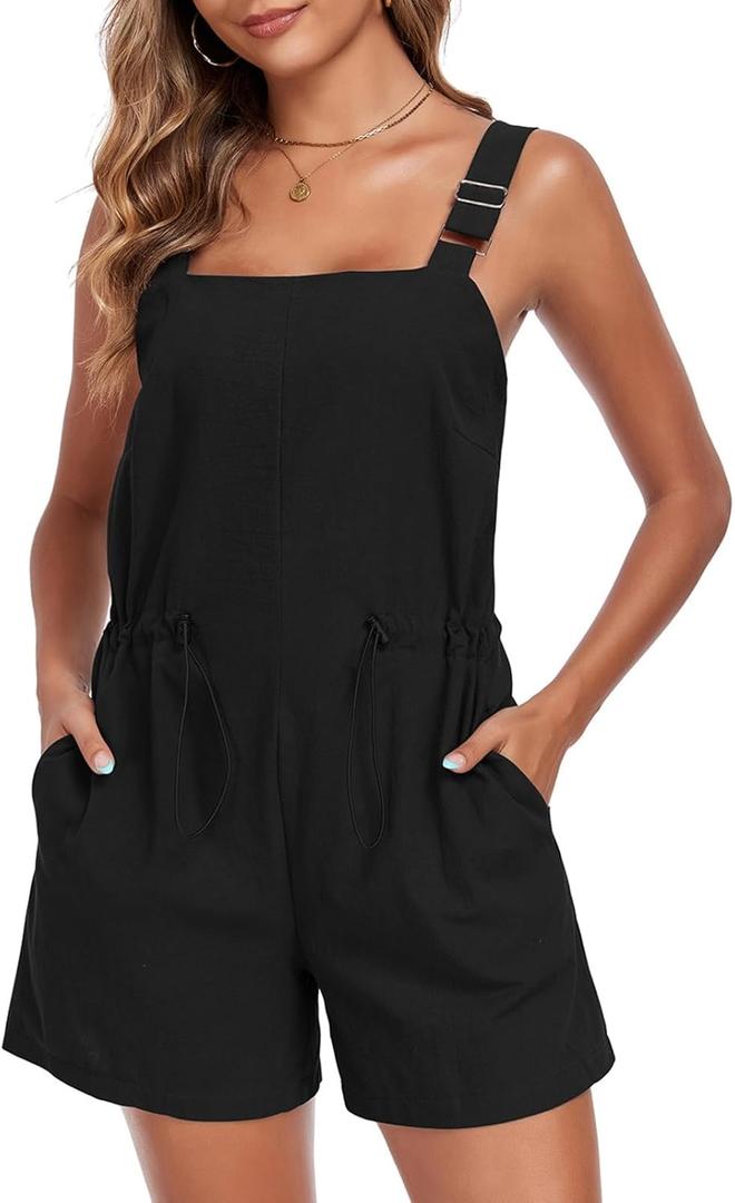 Womens Short Overalls Adjustable Strap Drawstring Waist Sleeveless Shorts Jumpsuits Summer Beach Vacation Jumpers (Black, XL)