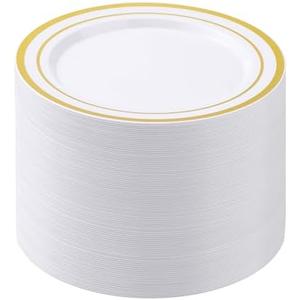 BESTSTAR White Plastic Plates for Party, 10.25 Inch Disposable Plates with Gold Rim, Heavy Duty Dinner Plates for Christmas, Thanksgiving, Party, Wedding and Birthday
