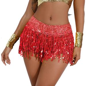 3 x Women Sequins Fringe Shorts Dance Skirt with Sparkly Tassels Halloween Rave Music Festival Bottoms (10-12, Red)