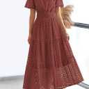 PRETTYGARDEN Womens 2026 Summer Maxi Dress Short Sleeve V Neck Hollow Out Eyelet A Line Long Flowy Beach Vacation Dresses (Silver, L)