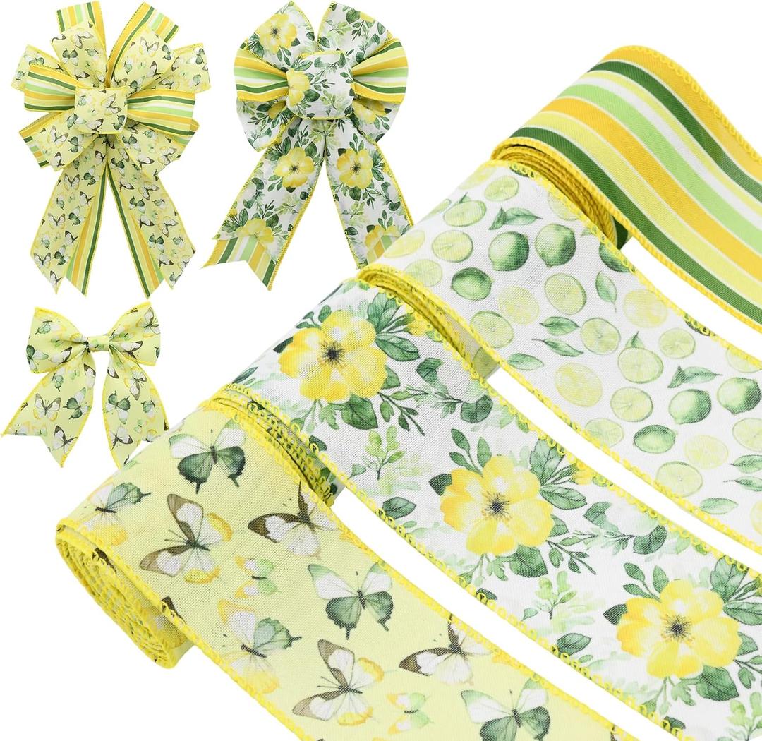 4 Rolls Floral Wired Edge Ribbon  Spring Summer Yellow Grosgrain with Butterfly, Lemon & Flower Motifs for Gift Wrapping, Wedding Decor, DIY Crafts (2.5 Inch, 5 Yards Each), Mother's Day Gift