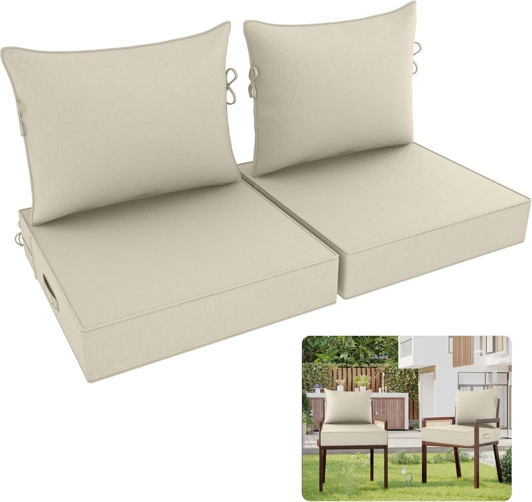 Deep Seat Patio Cushions 24 x 24 Inch Waterproof Outdoor Chair Cushions Set of 2 Loveseat Cushions for Outdoor Furniture 5'' Thick Patio Furniture Cushion with Handle Straps, Khaki (24 x 24 Inch - 2Set)