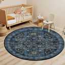 Round Rug 4ft Vintage Boho Small Circular Rug Washable Circle Rug Non-Slip Low Pile for Bedroom Kids Room Office Entryway College Dorm Bathroom, Blue
