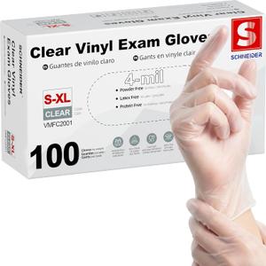 Schneider Clear Vinyl Exam Gloves, Latex-Free, Disposable Medical Gloves, Cleaning Gloves, Food Safe, Powder-Free, 4 mil
