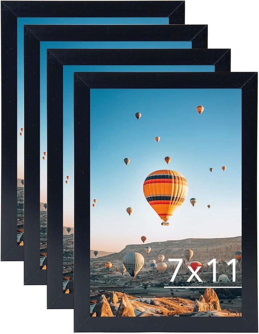 JCJMY 7x11 Picture Frame Set of 4 Black for Wall Hanging or Tabletop- Wall Mounting Horizontally or Vertically, 7 x 11 Wall Gallery Poster Photo Frames for 7 by 11 Photo,4 Pack, Black