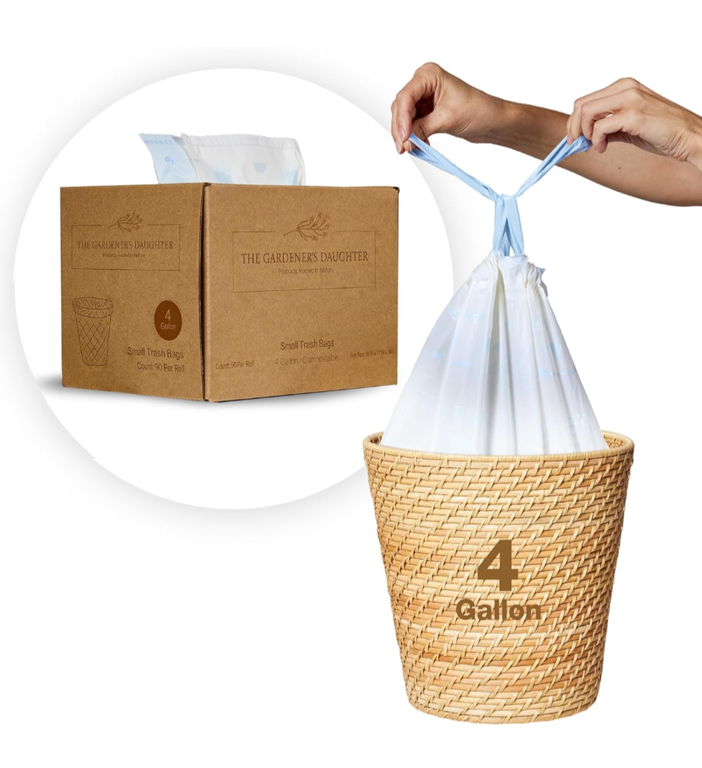 The Gardener's Daughter Compostable 4 Gallon Trash Bags – Small Drawstring Garbage Bags for Bathroom, Office, Bedroom - Leak-Proof, Durable – Fits Small Wastebaskets – 90 Count
