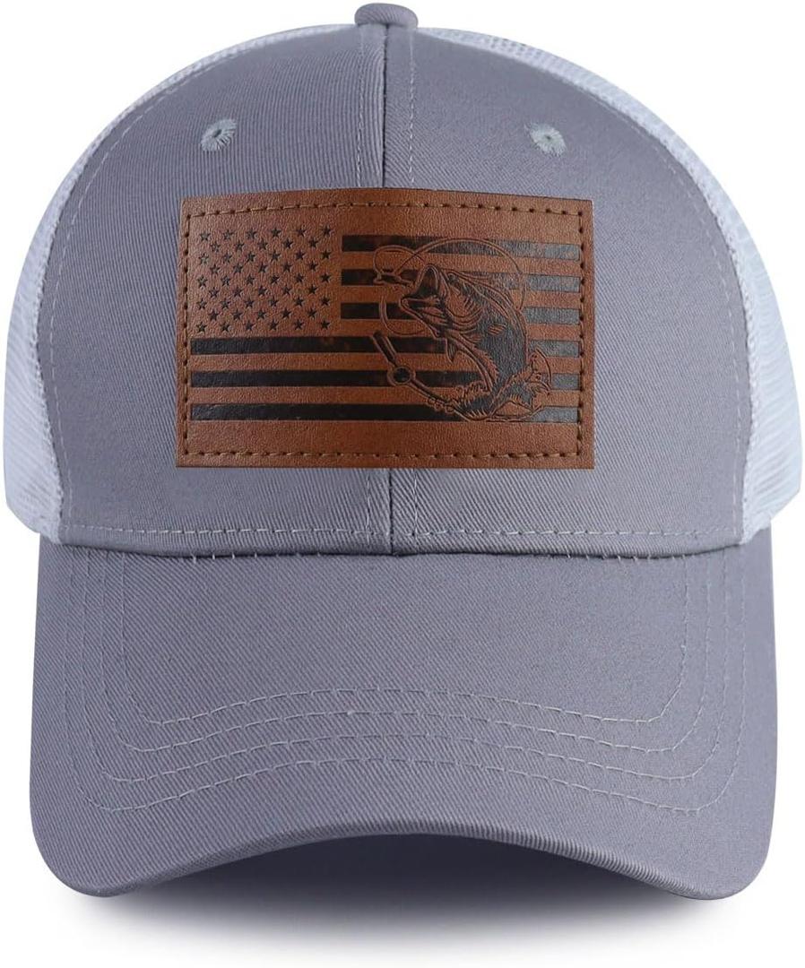 American Flag with Bass Trucker Hats for Men, Adjustable Leather Patch Mesh Fishing Baseball Cap (One Size, Grey)