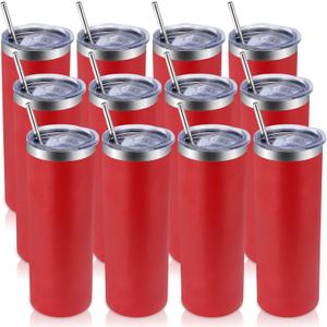 12 Pack Skinny Tumblers with Lid and Straw, 20oz Stainless Steel Straight Tumbler Bulk, Vacuum Insulated Coffee Mug for Home, Office, Travel, DIY (Red,12 Pack)