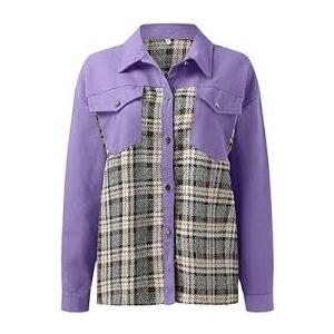 NILOINE Women's Cropped Plaid Shacket Jacket Long Sleeve Button Down Shirt Coat Tops with Pockets M