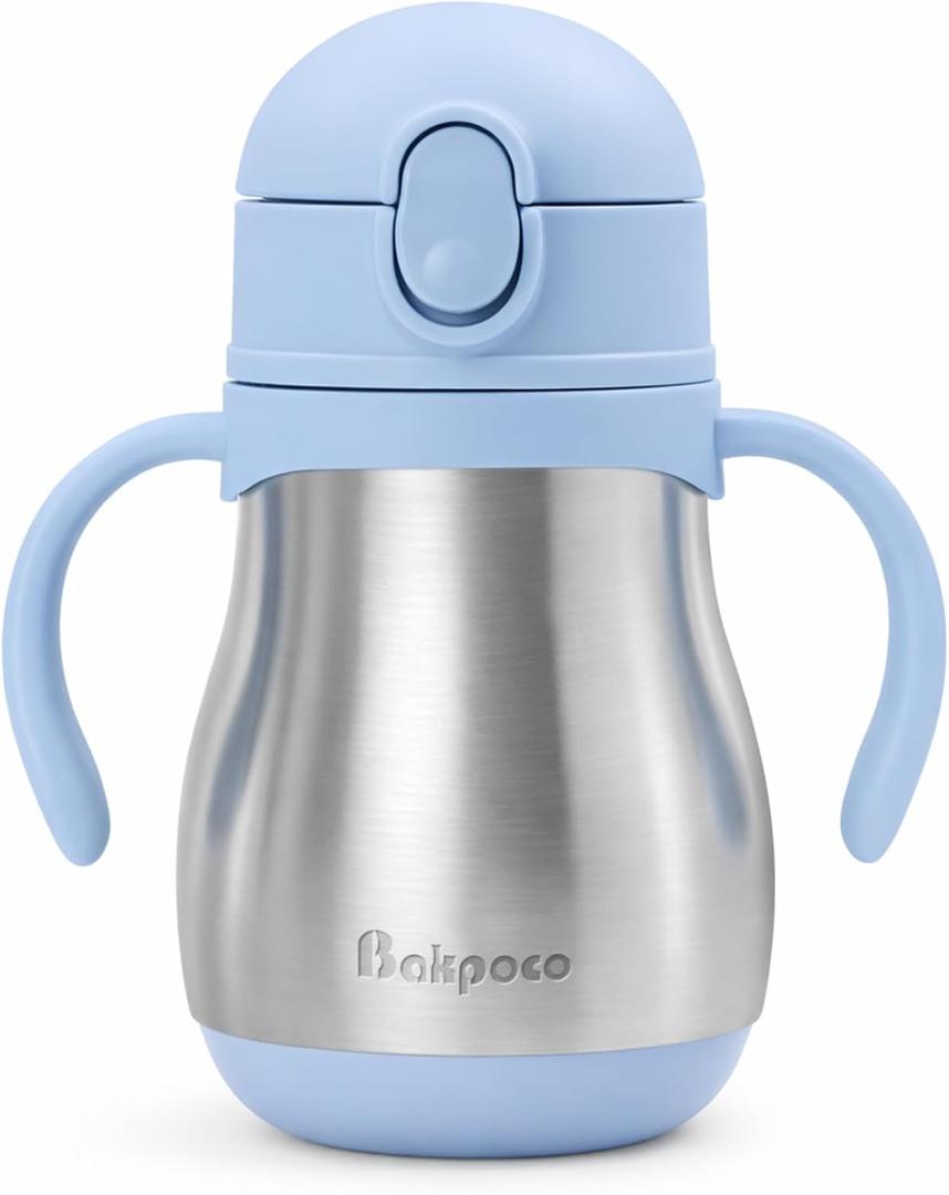 Bakpoco Stainless Steel Straw Sippy Cup for Toddlers 1-3 Years Old, Insulated Toddler Water Bottle Baby Training Tumbler with Handles, 8oz Kids Straw Cups for Travel, Daycare & At Home, Blue