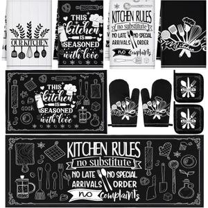 10 Pcs Farmhouse Kitchen Decor and Accessories Set 4 Kitchen Towels 2 Pot Holders 2 Oven Mitts 2 Rugs for Cooking Baking Mom Housewarming Gifts(Black White, Stylish Style)