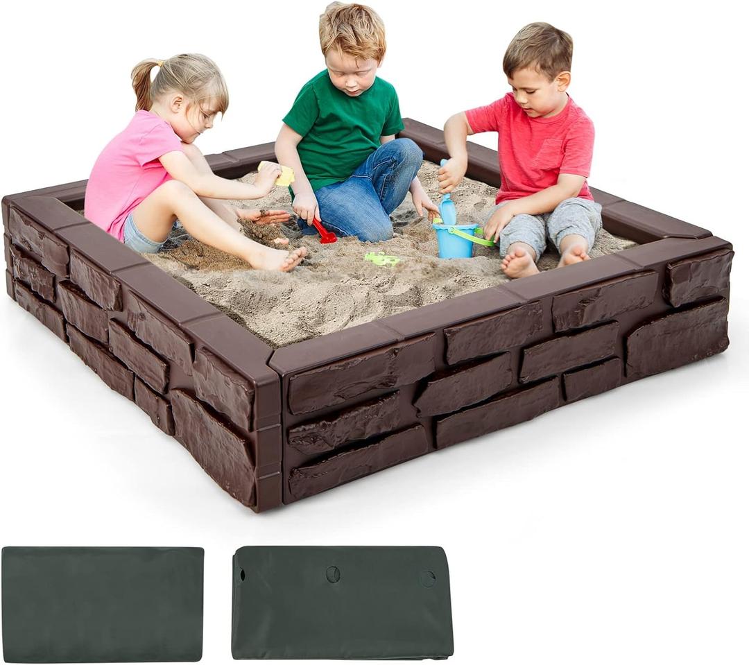 Costzon Kids Sandbox with Cover, 47"x 47" HDPE Sand Box w/Oxford Cover, Bottom Liner, Reinforced Structure, Weather Resistant Outdoor Sand Pit for Backyard Lawn Garden Beach (Brown)