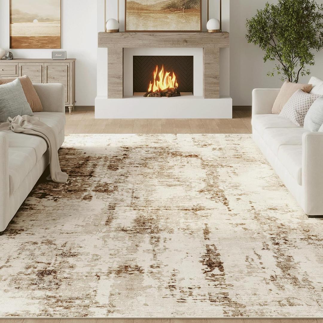 FMFUNCTEX 8x10 Washable Area Rug Brown Beige Neutral Abstract Modern Large Non Slip Carpet for Living Room Bedroom Soft Low Pile Indoor Mat Contemporary Throw Rug for Dining Kitchen Office Nursery