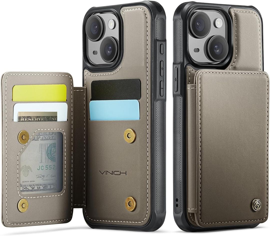 Vinich for iPhone 15 Plus Wallet Case with Card Holder, RFID Blocking Credit Slots Kickstand Shockproof Phone Cover Fit for iPhone 15 Plus 6.7" Gray