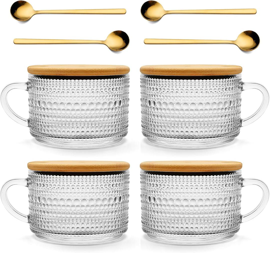 Today's Present 4pcs Vintage Glass Coffee Mugs Gifts for Women, Overnight Oats Containers With Bamboo Lids and Spoons, 14oz Clear Embossed Drinking Glass Cups, Tea Cups, Iced Coffee Glasses Today's Present 4pcs Vintage Glass Coffee Mugs Gifts for Women, Overnight Oats Containers With Bamboo Lids and Spoons, 14oz Clear Embossed Drinking Glass Cups, Tea Cups, Iced Coffee Glasses