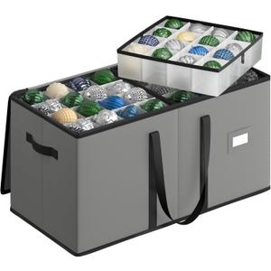 SONGMICS Christmas Ornament Storage Box, Dual Zippers, Stackable Christmas Storage Container with Lid, 8 Trays, 600D Oxford, 3-Inch 128 Slots, Grey
