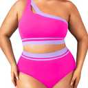 Aqua Eve Women Plus Size High Waisted Bikini One Shoulder Two Piece Swimsuit Color Block Bathing Suits.18