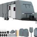 Mofeez Travel Trailer Cover 30-33 ft, Extra-Thick Upgraded 7 Layers Camper Covers 30-33 with Roof Top ac RV Cover Windproof Waterproof Rip-Stop- 2Pcs Extra Straps & 4 Tire Covers