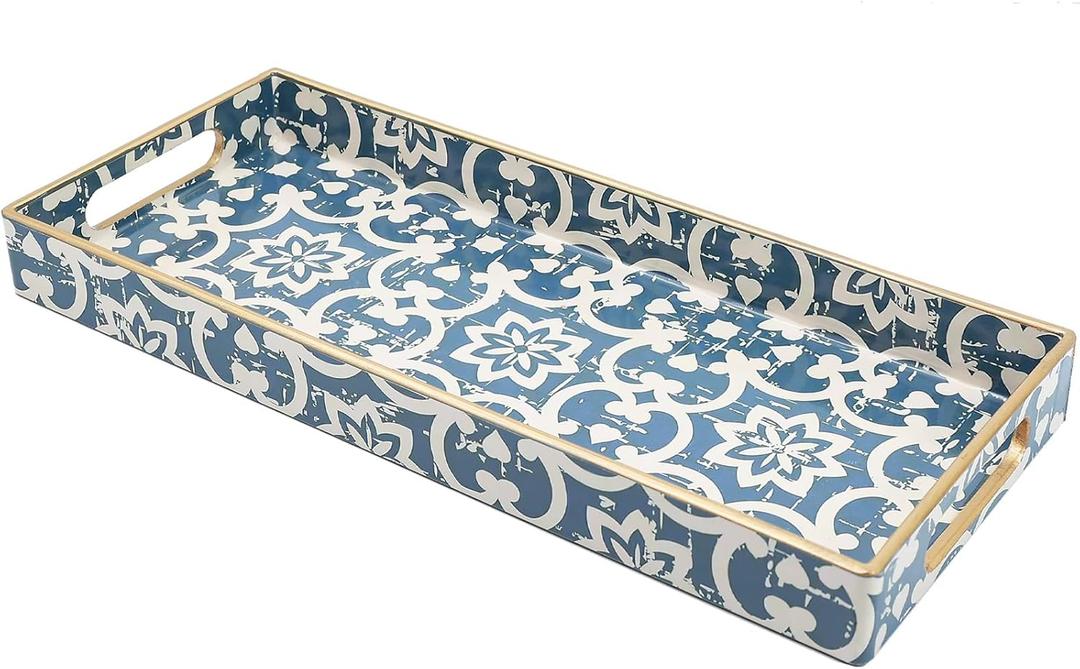 Bathroom Vanity Tray for Countertop, Small Plastic Toilet Tank Tray Versatile Storage & Organization Tray for Makeup, Perfume, Desk, Kitchen, Candles, 13.7"x6"x1.4", 35Boho1