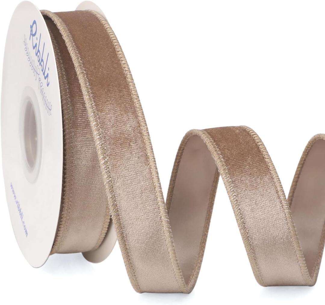 Ribbli Camel Velvet Wired Ribbon 1 Inch Velvet with Satin Christmas Ribbon for Gift Wrapping Christmas Tree Decoration Crafts Wreaths Supplies-Continuous 10 Yards