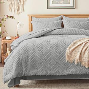 Zzlpp Queen Comforter Set 7 Pieces, Light Grey Tufted Bed in a Bag with Comforter and Sheets,All Season Boho Bedding Sets with Comforter, 2 Pillow Shams, 2 Pillowcases, 1 Flat Sheet, 1 Fitted Sheet