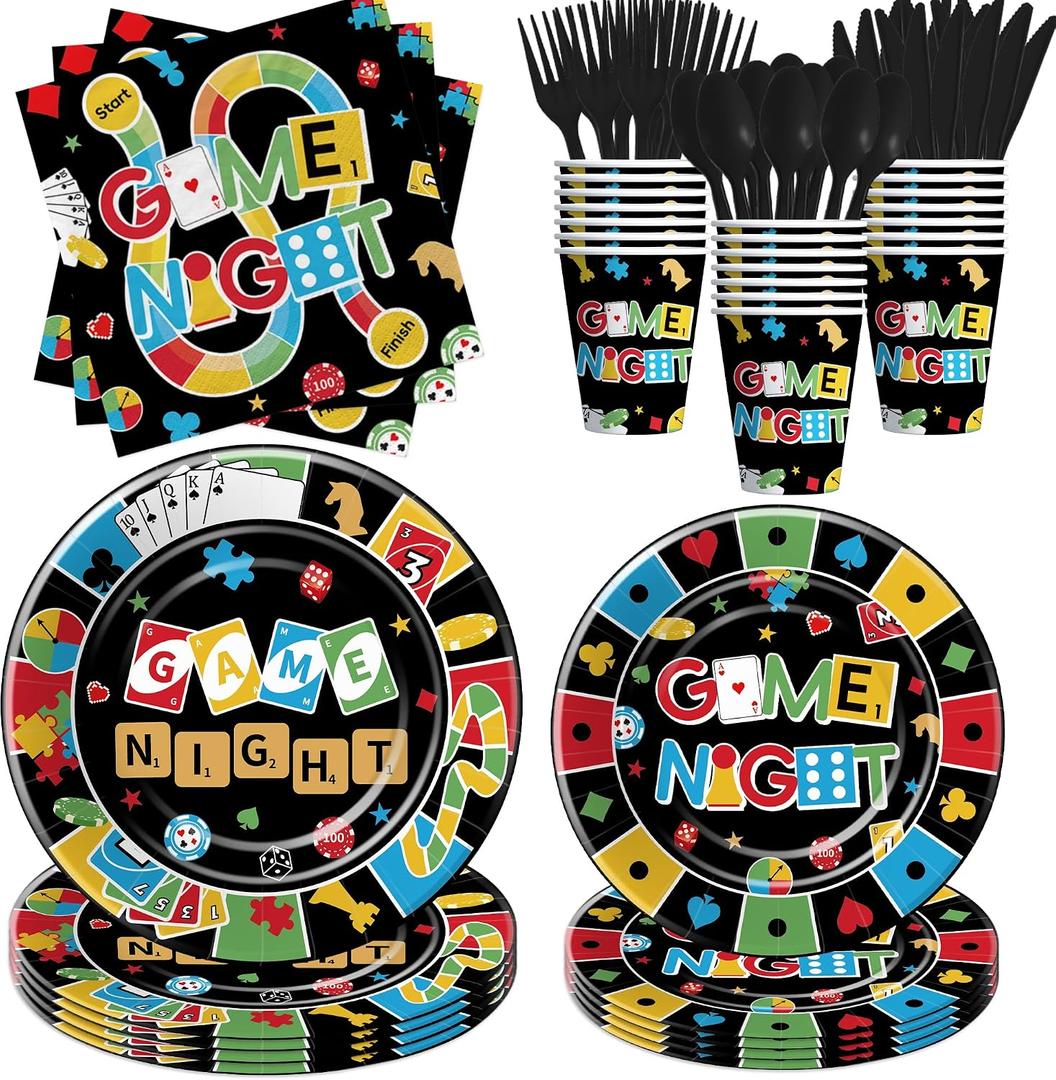Family Game Night Party Decorations Tableware, Family House Board Games Party Supplies for Birthday Kids Adults Gaming Night, Disposable Paper Plate, Napkin, Cup, Cutlery, Serves 24