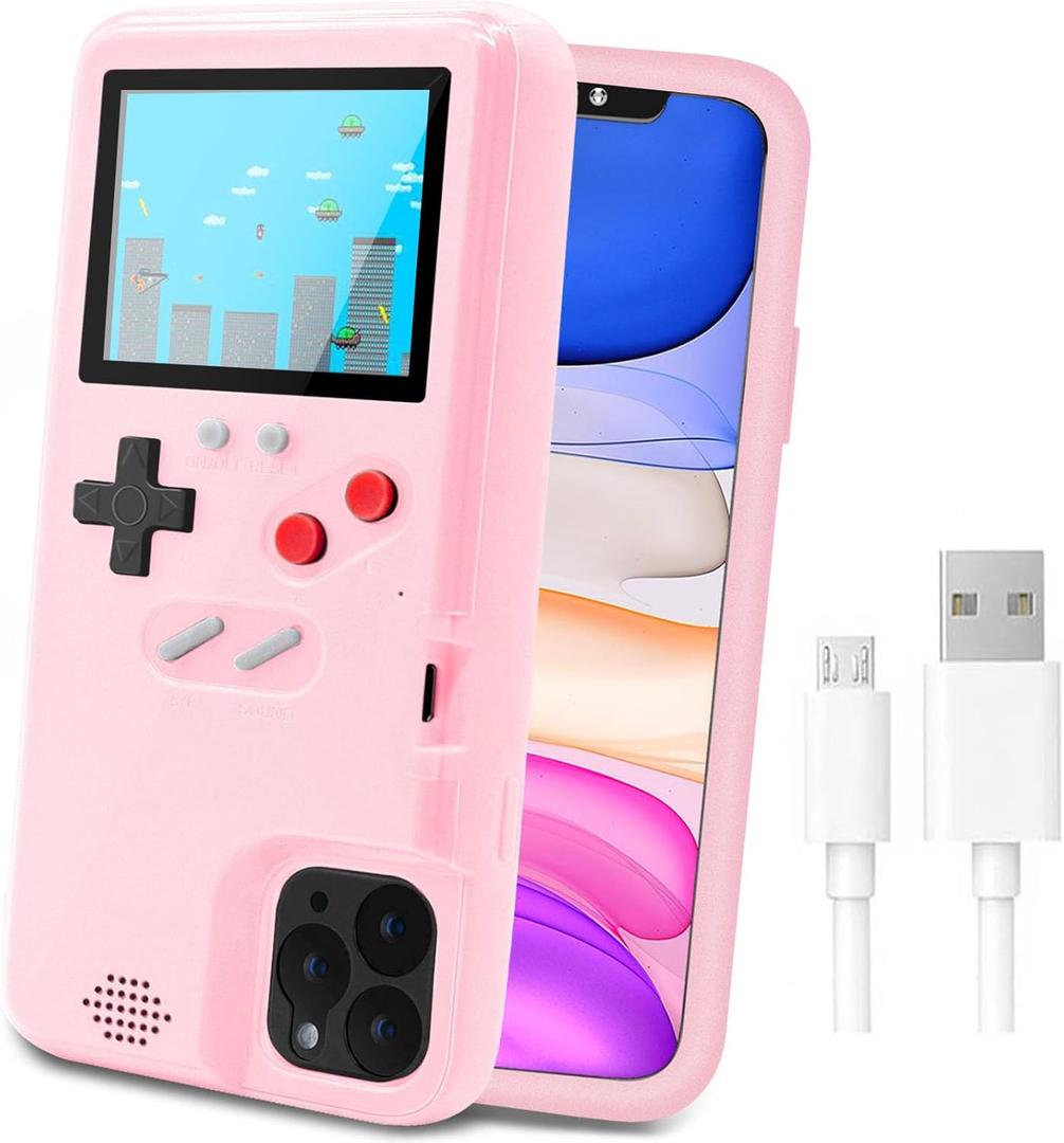 LucBuy Game Console Case Compatible for iPhone 11, Retro Protective Cover Self-Powered Case with 36 Small Games, Full Color Display, Shockproof Video Game Bumper ONLY for 11 - Pink