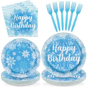 96Pcs Winter Snowflake Birthday Party Decorations Blue Frozen Birthday Paper Plates and Napkins Sets Winter Wonderland Decorations for Girls Princess Christmas Baby Shower Holiday Supplies Serves 24