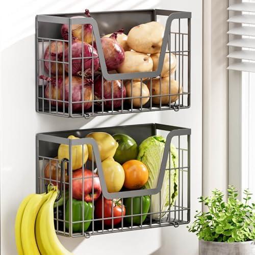 YIWANFW Grey Magnetic Shelf for Fridge, 2 Set Potato and Onion Storage Bins, Magnetic Fruit Basket for Fridge Pantry Organizers & Storage, Magnetic Spice Rack for Refrigerator Kitchen Counter, Cabinet