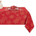 Rectangle Fancy Metallic Sparkling Snowflake Christmas Fabric Table Cloth red Hunter Gold Navy White Silver No-Iron Soil Resistant Woven Holiday Table Cover(Red Gold/52x70Inch)