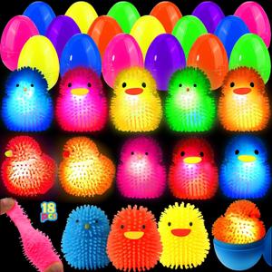 18 Pack Easter Eggs Fillers LED Chick Puffer Balls, Easter Basket Stuffers with Light Up Stress Relief Fidget Toys Squeeze Ball, Easter Egg Hunt Party Favor for Kids Boys Girls Toddler Teens