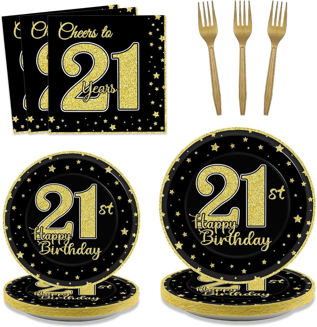 200 Pcs 21st Birthday Party Supplies Black Gold Paper Plates Cheers to 21 Years Paper Plates and Napkins Forks Disposable Black Gold Birthday Tableware Set for Kids 50 Guests Decorations Supplies