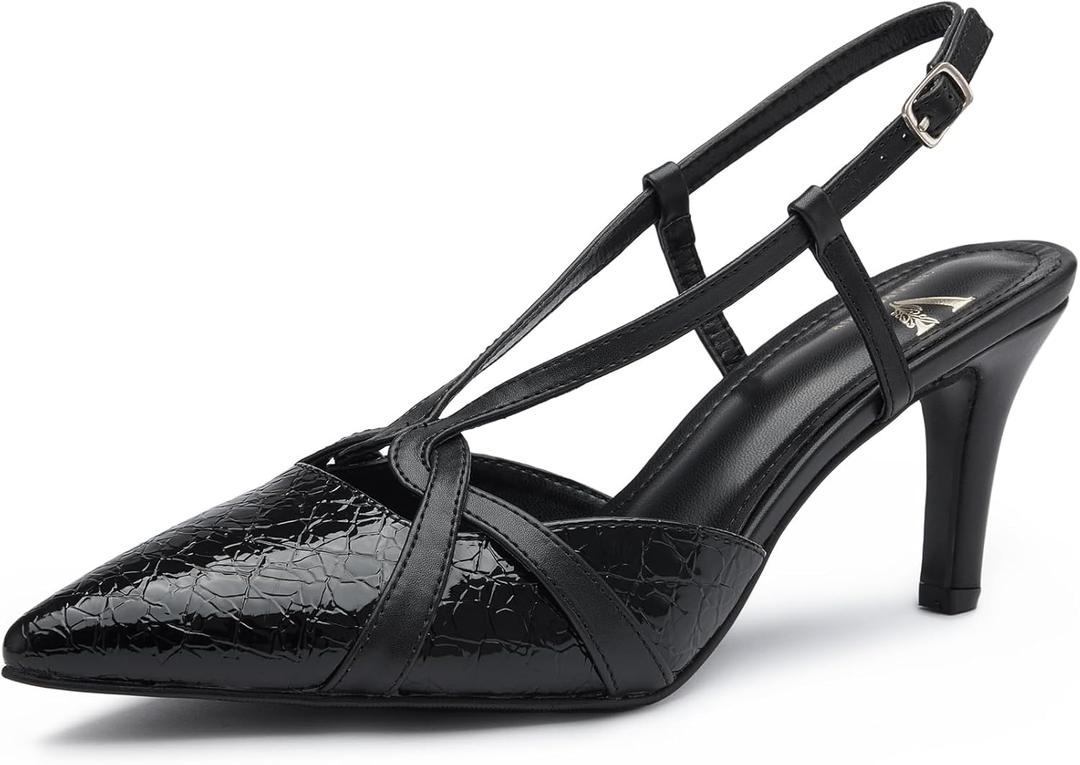 Women's Slingback Kitten Heels - Closed Pointed Toe Pumps with Cross-Strap Low Heel Dress Shoes for Wedding, Party & Daily Wear (8, Black)