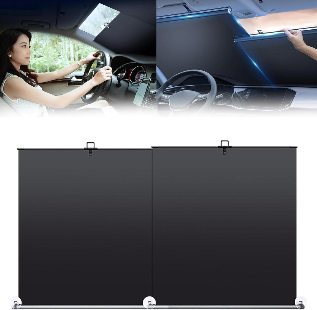 Automatic Retractable Car Sunshade - Retractable Sun Shade for Car, Retractable Windshield Sun Shade, Retractable Sunshade for Car Windshield, for UV and Heat Protection, Foldable (1Set)