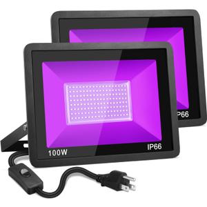 100W Black Light, 2Pack Indoor Outdoor Blacklight with Plug and Switch, Ip66 Waterproof, 365 NM UV Light for Glow Neon Party, Body Painting, Fluorescent Tapestry