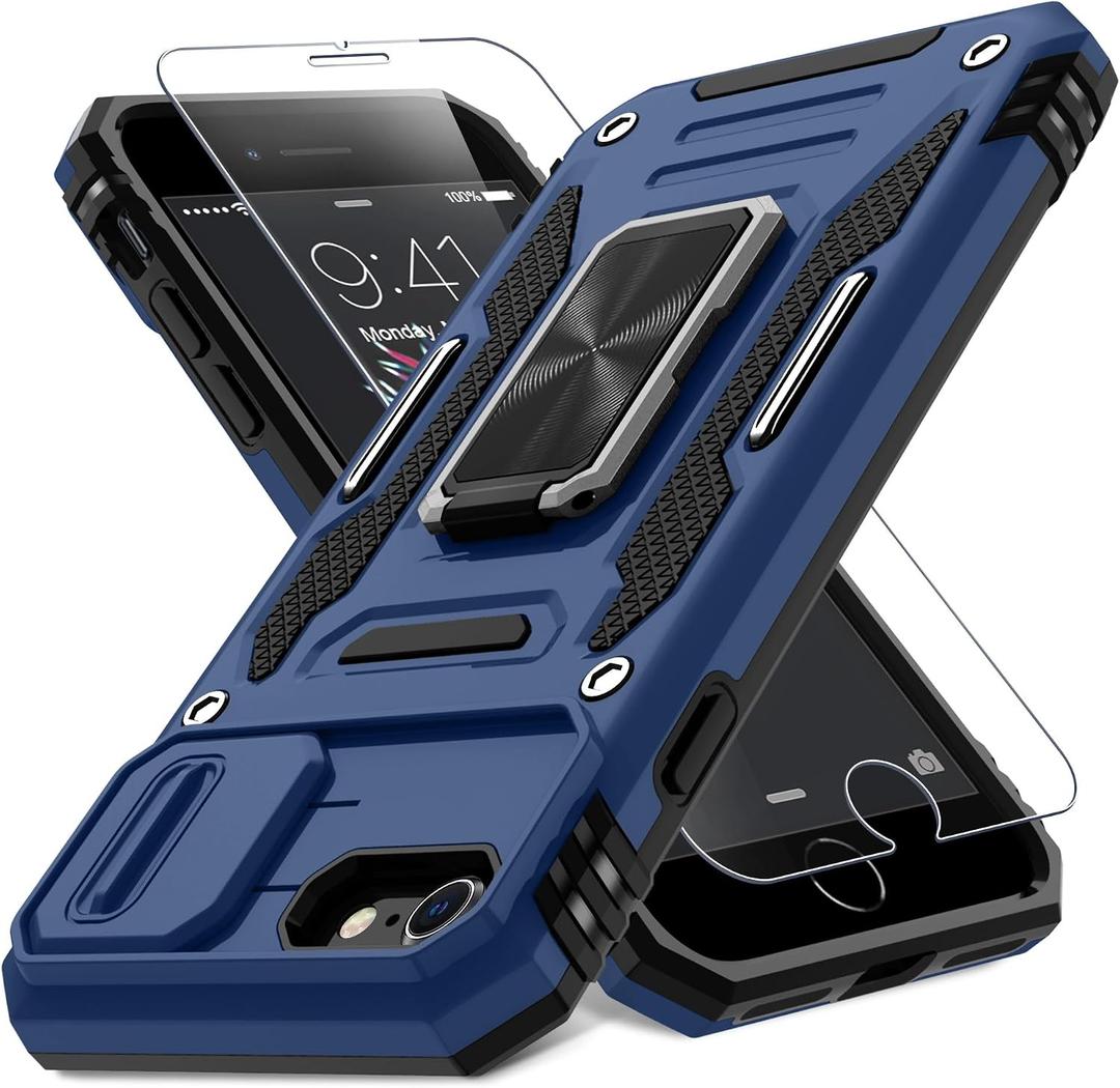 DEERLAMN Case for iPhone SE 2022/2020,for iPhone 8/7 with Slide Camera Cover + Screen Protector,Rotated Ring Kickstand Military Grade Shockproof Protective Cover 4.7 Inch-Navy Blue