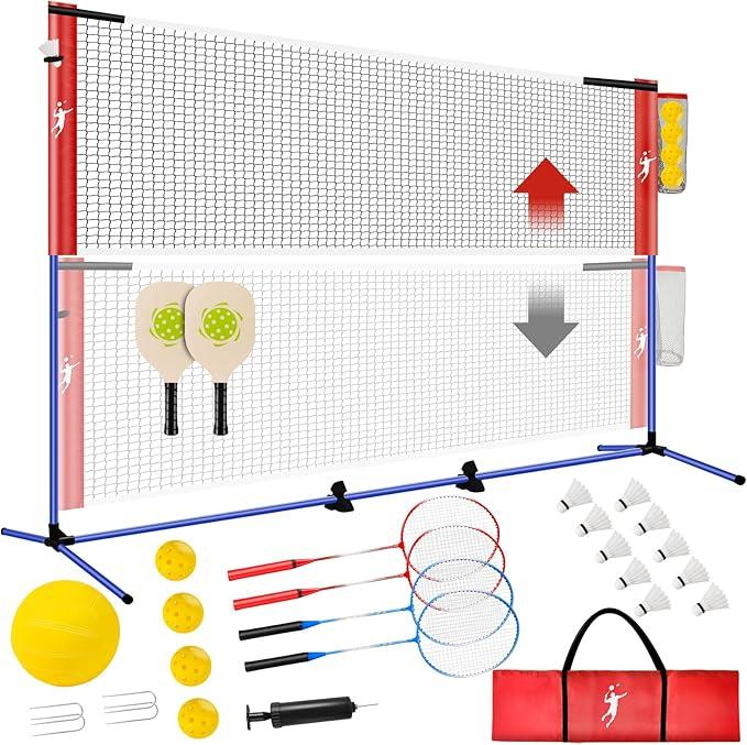 Pickleball Badminton Net Set for Backyards, All-in-One Portable Volleyball Combo Set with Adjustable Net, Volleyball Pickleball Paddles & Badminton Rackets for Indoor Outdoor