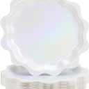 Havawish 50 Pcs White Shimmer Wavy Foil Paper Plates 9 Inch Shell Edge Disposable Dinner Plates for Bachelorette Decorations, Happy Birthday Party, Baby Shower, Disposable Tableware, Bridal Shower