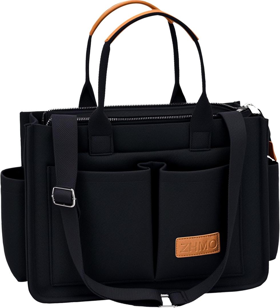 ZHMO Canvas Tote Bag for Women,Women's Bags Crossbody Bags Work Laptop Tote Bag Large Handbags Purse for Travel Nurse Teacher (New Upgrade Black With Compartments and Inner Cup Holders)