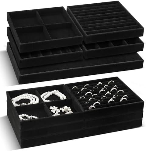 Cinnvoice Set of 10 Stackable Jewelry Organizer Trays for Drawer 14 Inch Velvet Jewelry Drawer Insert Display Storage with Removable Divider for Necklace Earring Ring Watch Bracelet (Black)