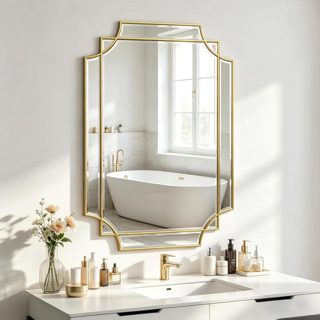 Gold Beveled Mirror, 36"x24" Geometric Art Deco Wall Mirror with Wood Frame, Modern Aesthetic Rectangle Mirrors for Living Room Bedroom Hallway Entryway, Horizontal or Vertical Hanging