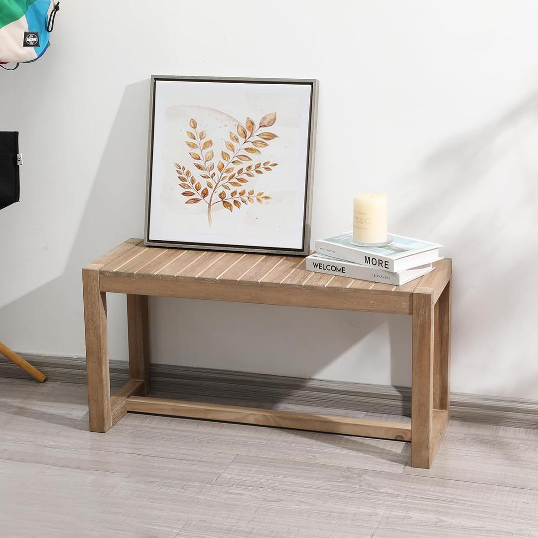 Wnutrees Farmhouse Solid Wood Bench, 31" Line Pattern Splicing Entryway Bench, Narrow Bench Seat for Living Room, Dining Room, Bathroom, Indoors, Natural